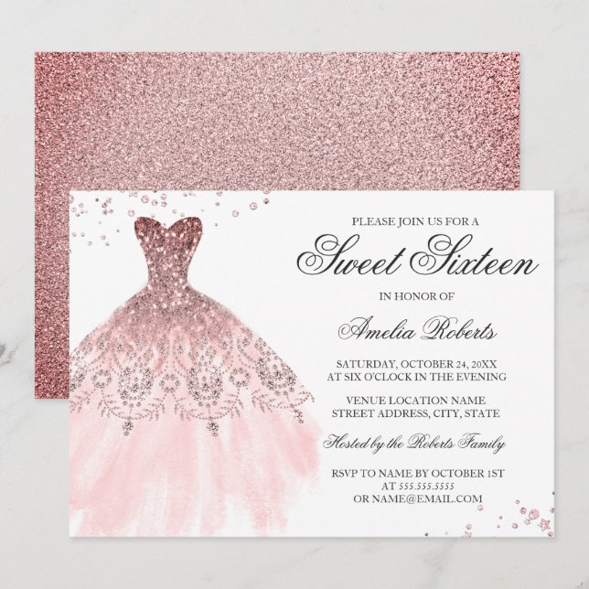 Invitación de Dulces Dieciséis de Vestido de Oro R (Anverso / Reverso)