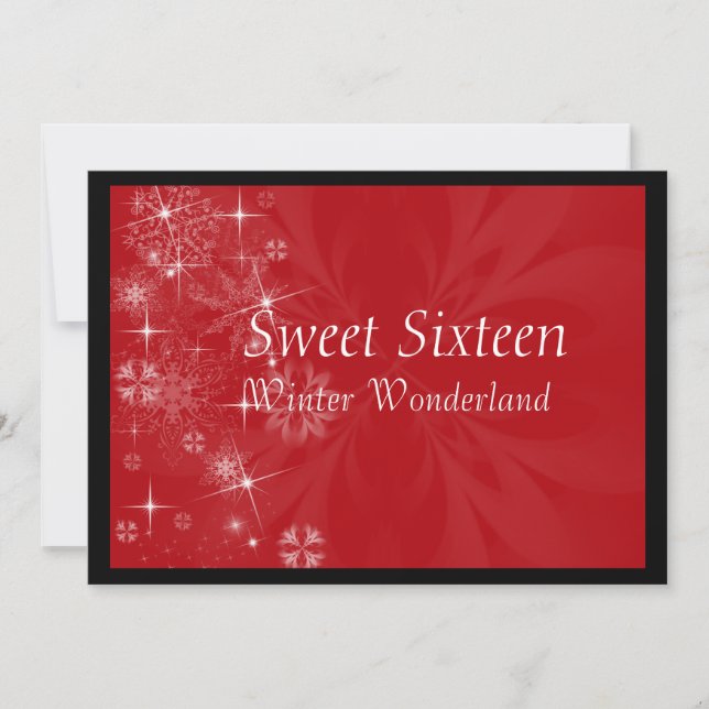 Invitación de dulces dieciséis roja con copos de n (Anverso)
