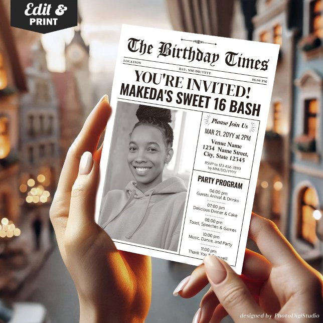 Invitación de dulces modernos 16 con periódico de  (16th Birthday Newspaper Invitations with Program)