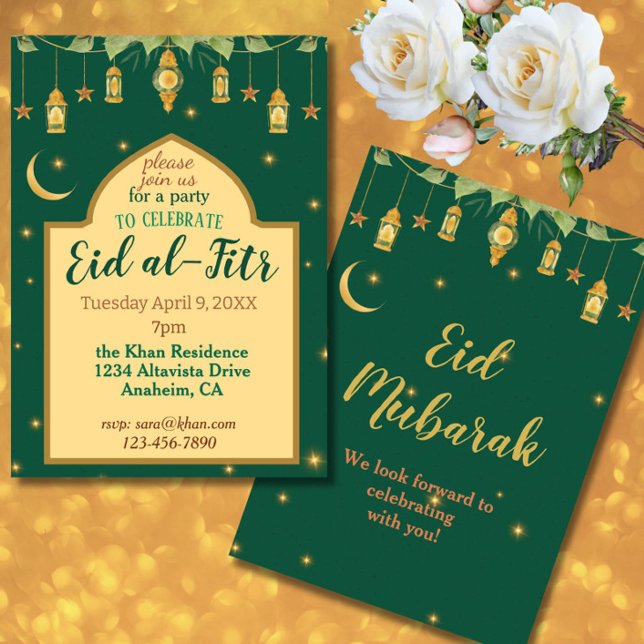 Invitación de Eid Party Elegantes Linternas de Oro (This elegant Eid invitation in rich green + gold features lanterns, a crescent moon + script font.)
