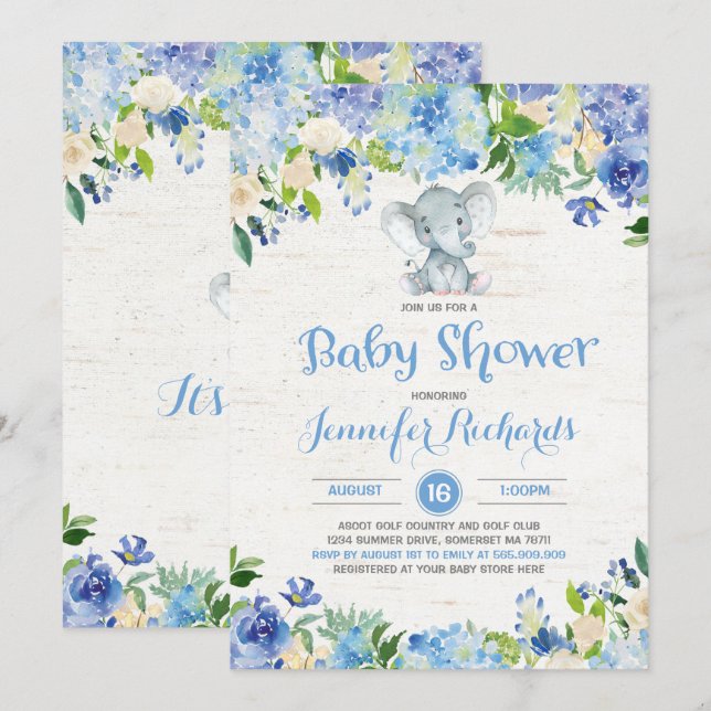 Invitación de elefante a Baby Shower ducha de niño (Anverso / Reverso)