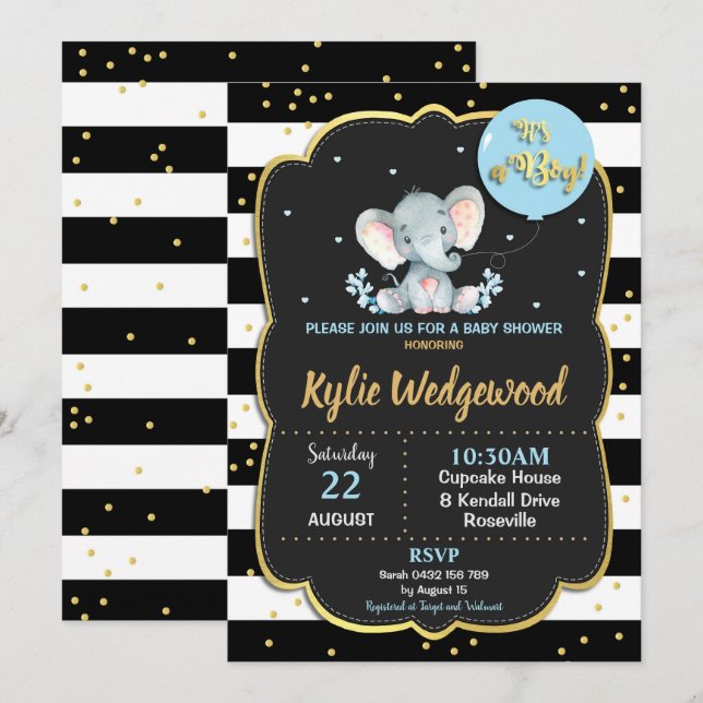 Invitación de elefante a Baby Shower es un niño (Anverso / Reverso)