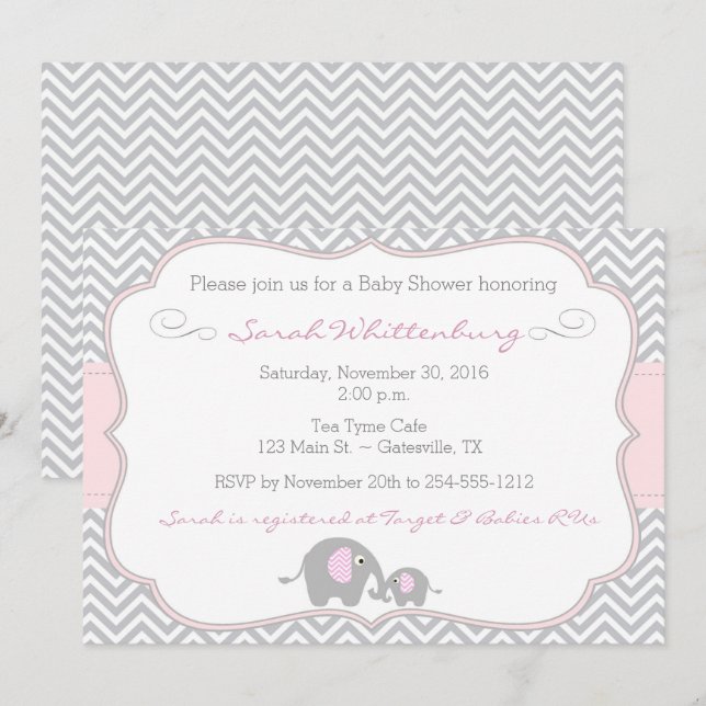 Invitación de elefante Chevron Baby Shower - Rosa (Anverso / Reverso)