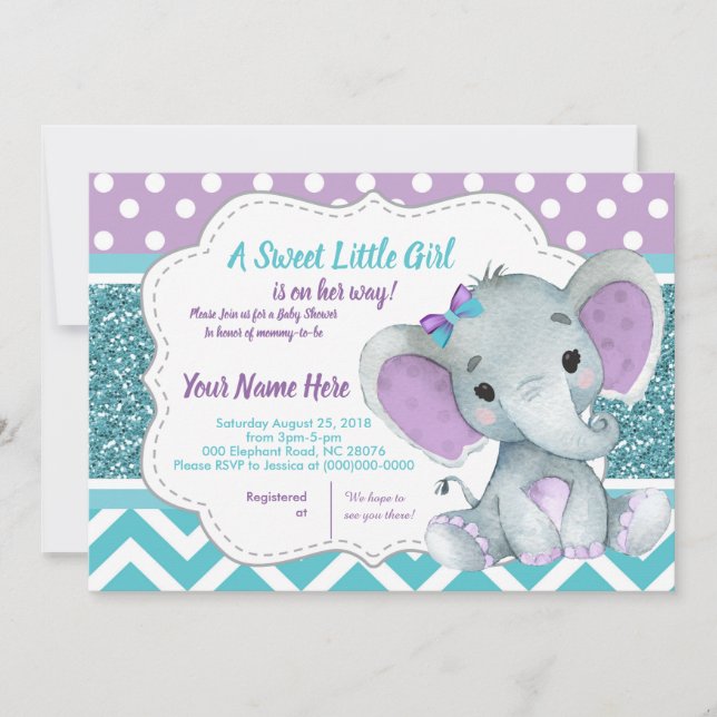 Invitación de elefante Chica a Baby Shower Verde a (Anverso)