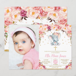 Invitación de Elefante Floral Rosado para Bautizo