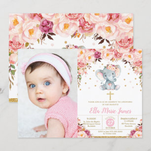 Invitación de Elefante Floral Rosado para Bautizo 