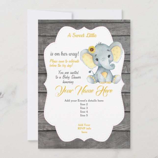 Invitación de Elefante Gris Amarillo Editable (Anverso)