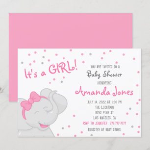 Invitación 💗 de elefante lindo Baby Shower Chica 🐘