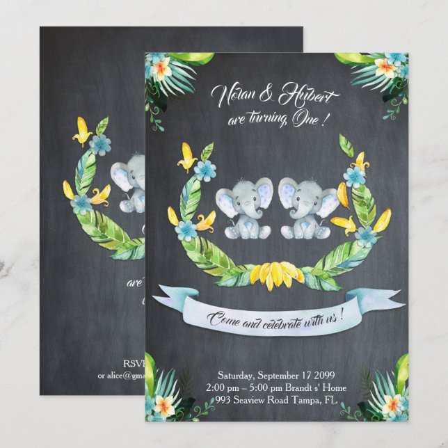 Invitación de elefante mellizo-niño, Floral, bebé  (Anverso / Reverso)
