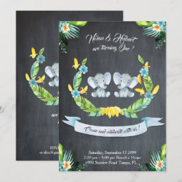 Invitación de elefante mellizo-niño, Floral, bebé 