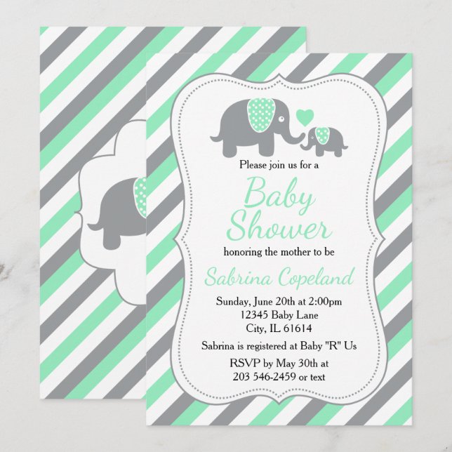 Invitación 🐘 de elefantes verdes y grises de menta | BABY SH (Anverso / Reverso)