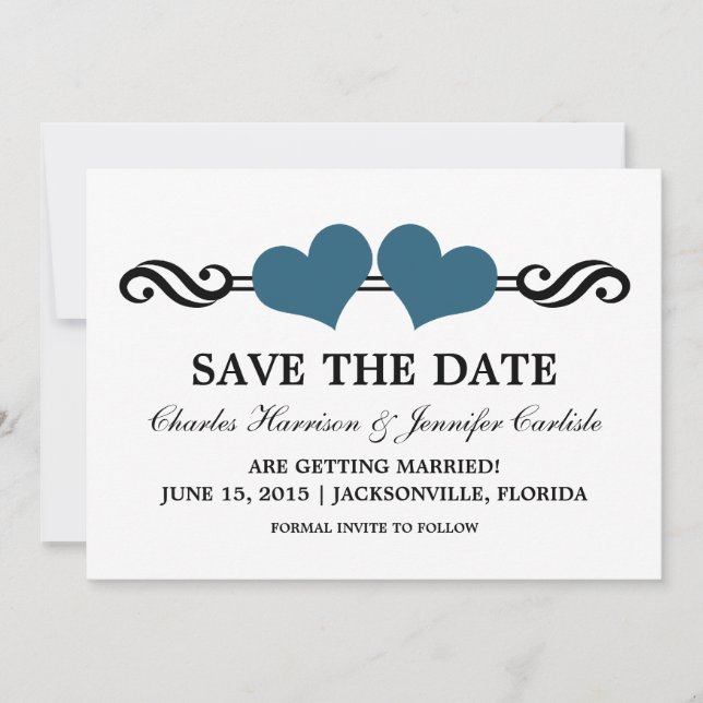 Invitación de Elegant Hearts Save the Date, Azul (Anverso)