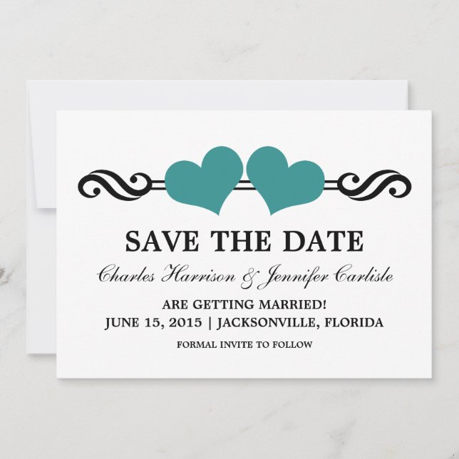 Invitación de Elegant Hearts Save the Date, Turque (Anverso)