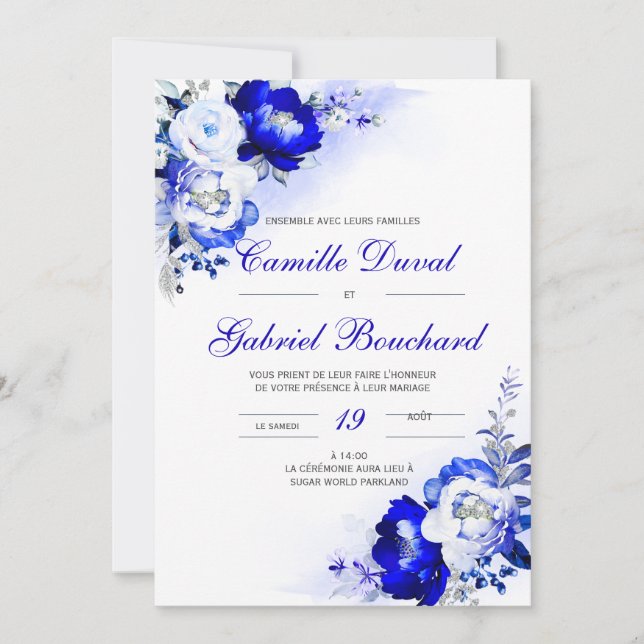 Invitación De elegante boda con flores azules (Anverso)