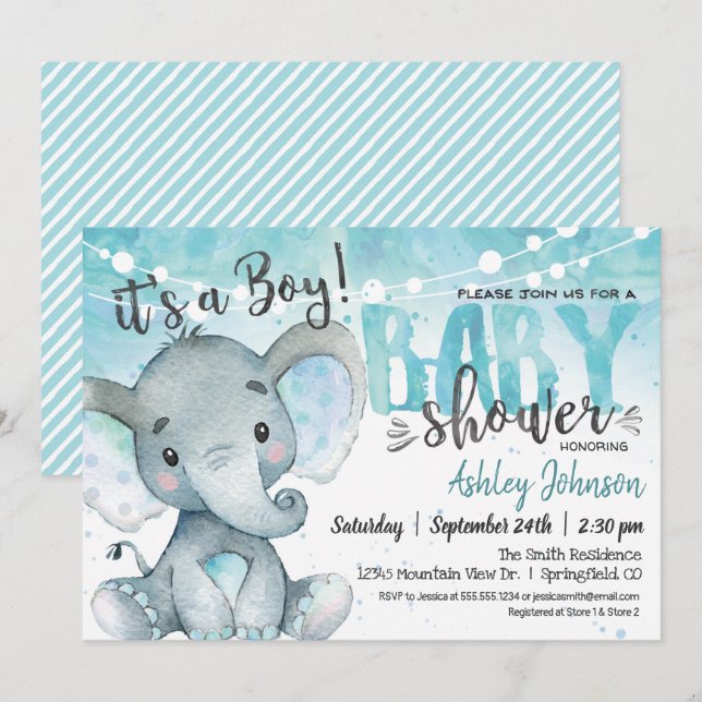 Invitación de Elephant Baby Shower Boy (Anverso / Reverso)