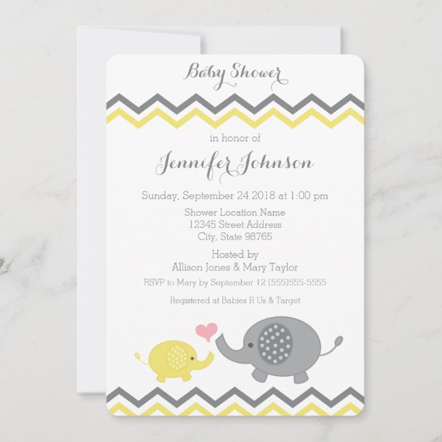 Invitación de Elephant Baby Shower | Chevron gris  (Anverso)