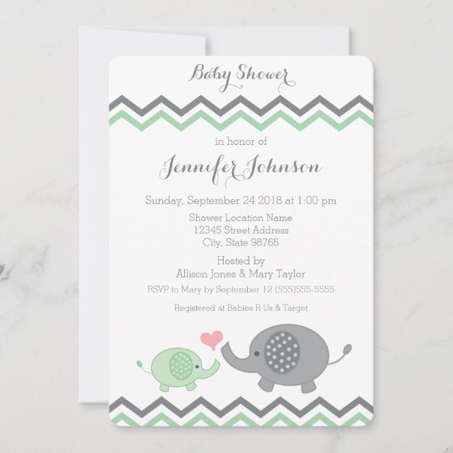 Invitación de Elephant Baby Shower | Chevron gris  (Anverso)