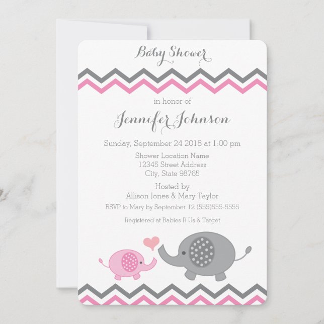 Invitación de Elephant Baby Shower | Chevron gris  (Anverso)