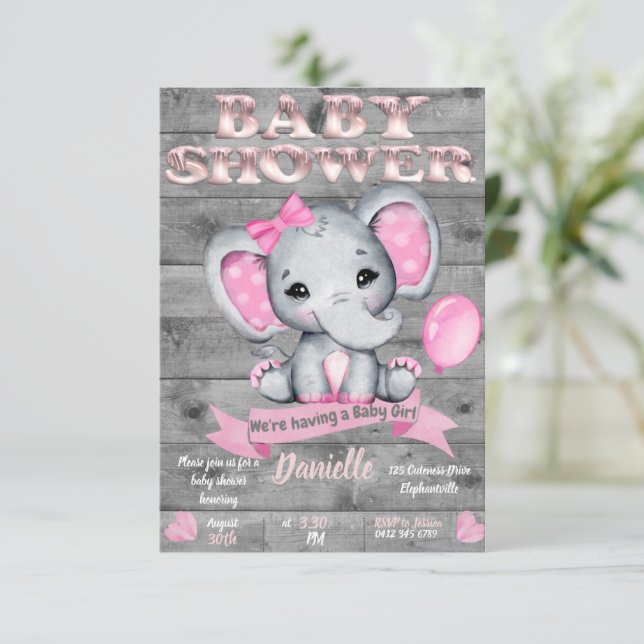 Invitación de Elephant Baby Shower para Chicas Edi (Anverso de pie)