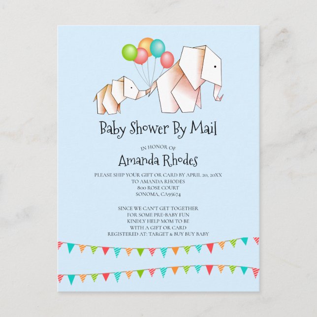 Invitación De Elephant Baby Shower Por Correo Azul (Anverso)