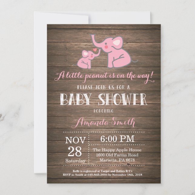 Invitación de Elephant Baby Shower Rústico Rosa (Anverso)