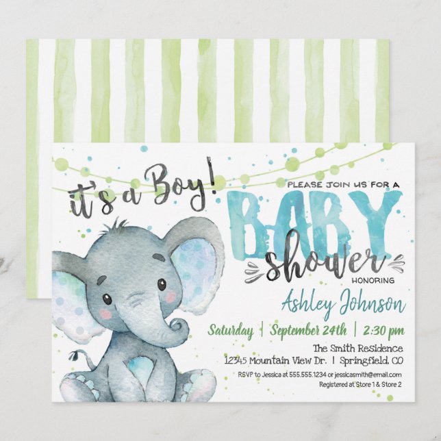 Invitación de Elephant Boy Baby Shower azul y verd (Anverso / Reverso)
