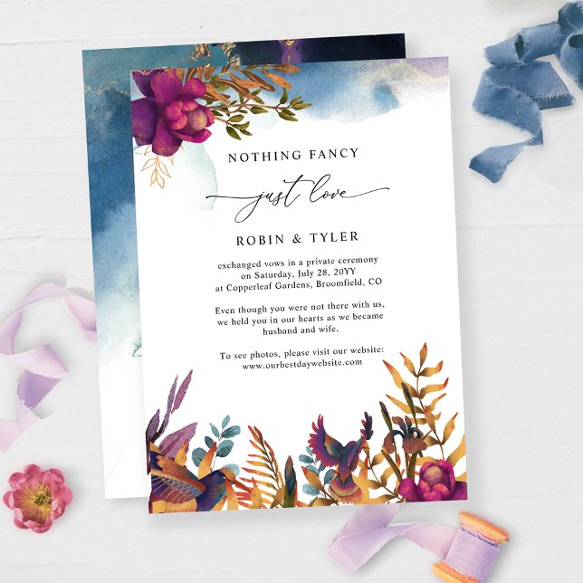 Invitación de Elopement Boda Azul Púrpura moda (ADD YOUR OWN ANNOUNCEMENT MESSAGE OR AFTER THE WEDDING RECEPTION DETAILS)