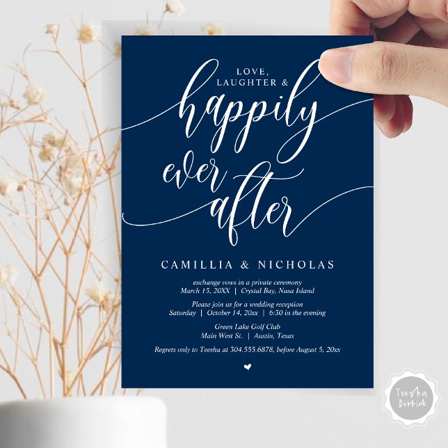Invitación de Elopement de Boda, Fiesta de Felices (Wedding Elopement, Happily Ever After Party Invitation Card, PDF, Navy Blue)