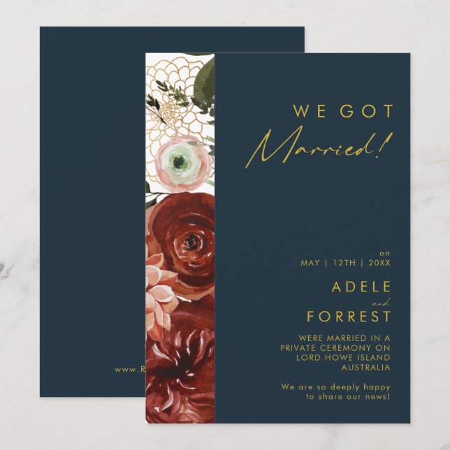 Invitación de Elopement de la Marina Floral de Mar (Anverso / Reverso)