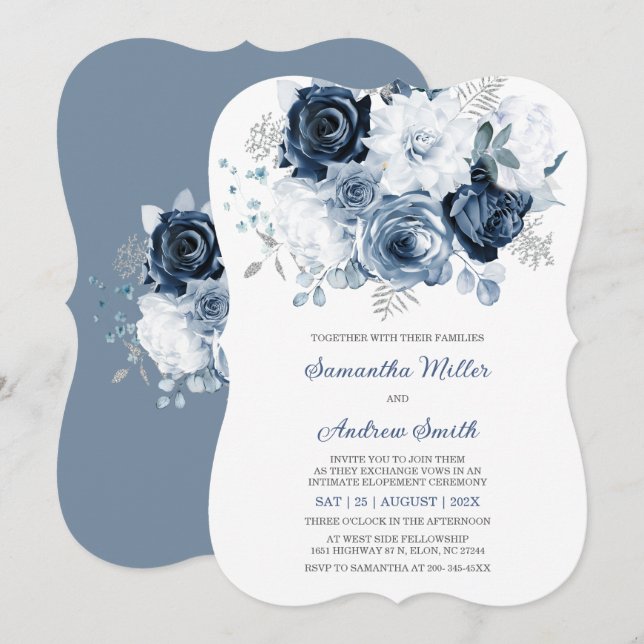Invitación de Elopement Floral Azul Polvo Imprimib (Anverso / Reverso)
