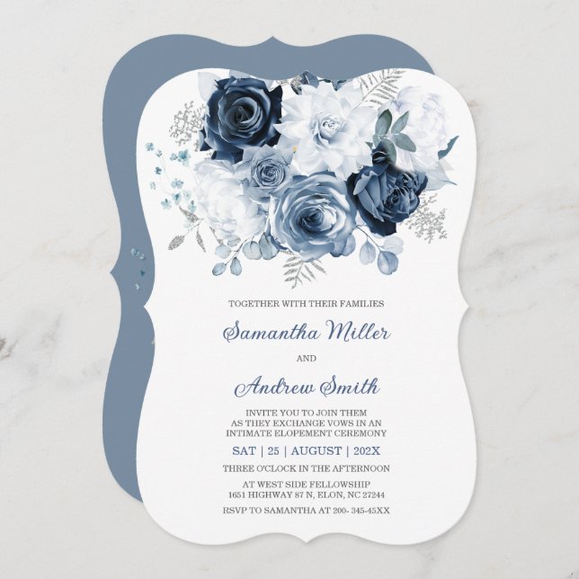 Invitación de Elopement Floral Azul Polvoriento Im (Anverso / Reverso)