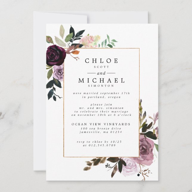 Invitación de Elopement Rosas Purple Plum Mauve (Anverso)