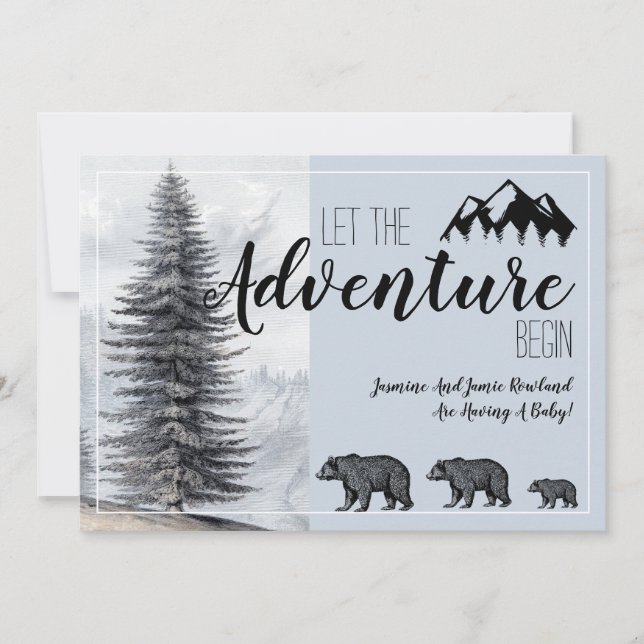 Invitación de embarazo azul en un bosque rústico (Anverso)
