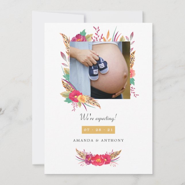 Invitación de embarazo con foto de Safari floral (Anverso)