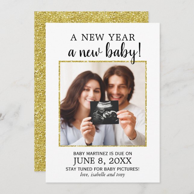 Invitación de embarazo de bebé con foto de Año Nue (Anverso / Reverso)