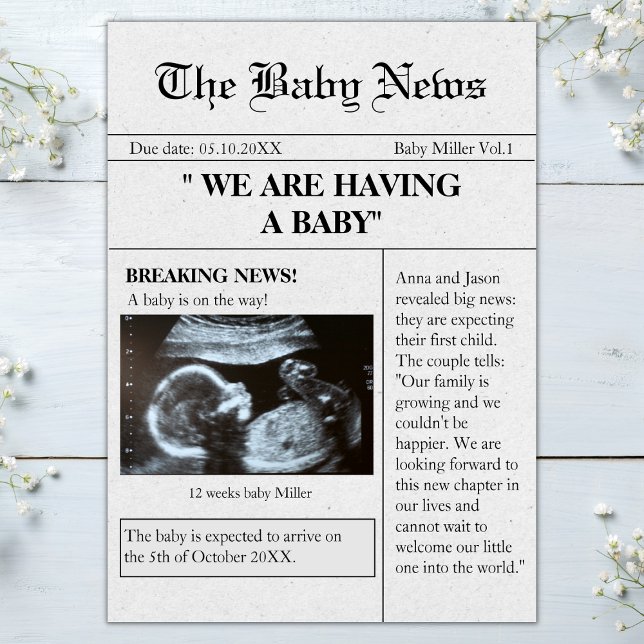 Invitación de embarazo divertida al estilo del per (Newspaper pregnancy announcement sonogram ultrasound photo )