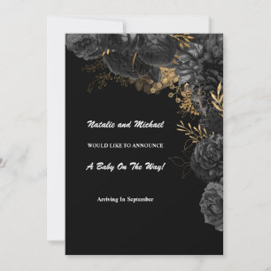 Invitación De Embarazo Floral De Oro Y Negro