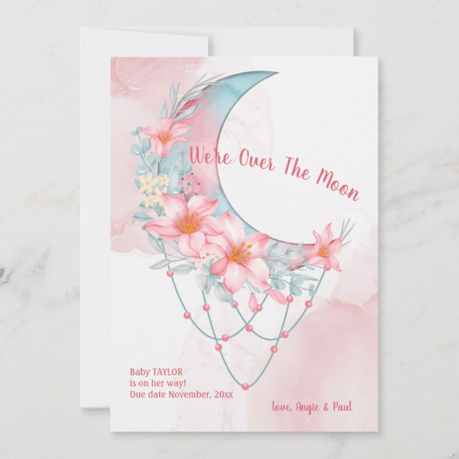 Invitación de embarazo floral en la luna (Anverso)