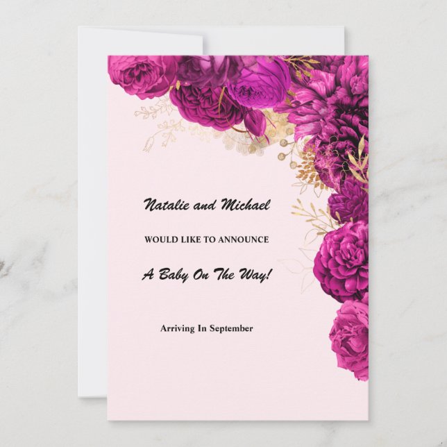 Invitación De Embarazo Floral Rosa Y Oro (Anverso)