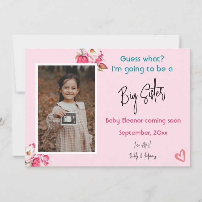 Invitación de embarazo por foto de hermana mayor (Anverso)