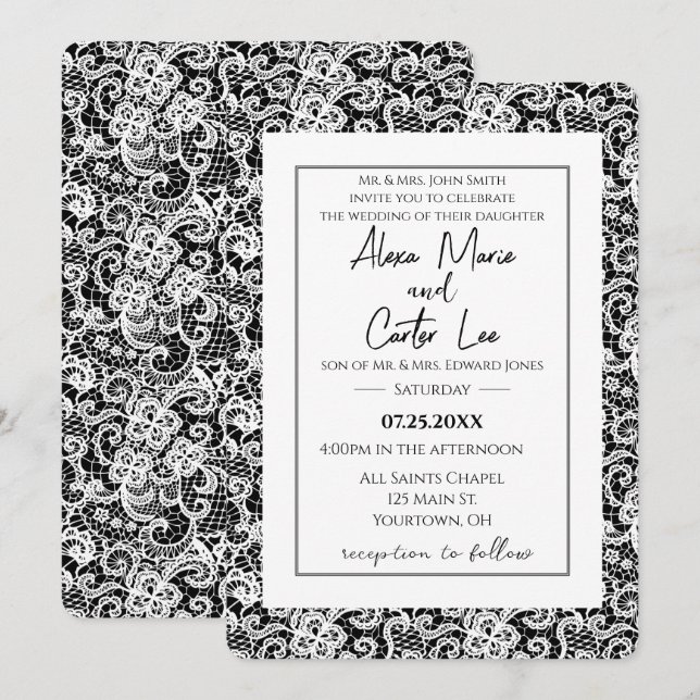 Invitación de encaje blanco a la boda negra (Anverso / Reverso)
