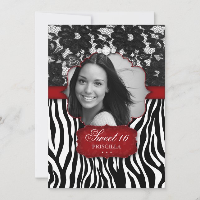 Invitación de encaje cebra de dulces dieciséis fot (Anverso)