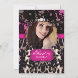 Invitación de encaje de leopardo Sweet Sixteen ros