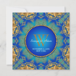 Invitación de encaje de raso dorado azul oriental
