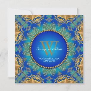 Invitación de encaje de raso dorado azul oriental