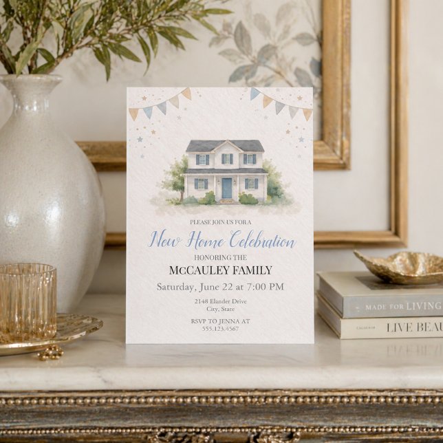 Invitación de Encanto para Nuevo Hogar Azul (Soft blue housewarming celebration with watercolor home and charming banner details)