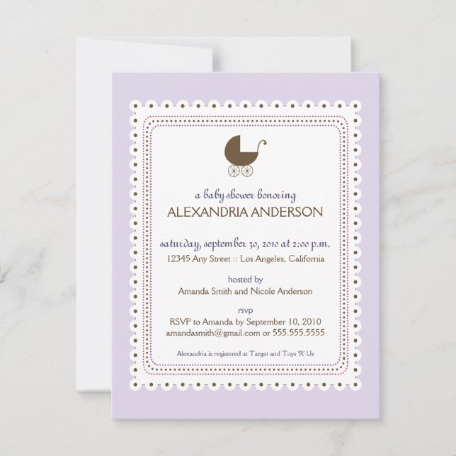 Invitación de encargo de Baby Shower de la lavanda (Anverso)