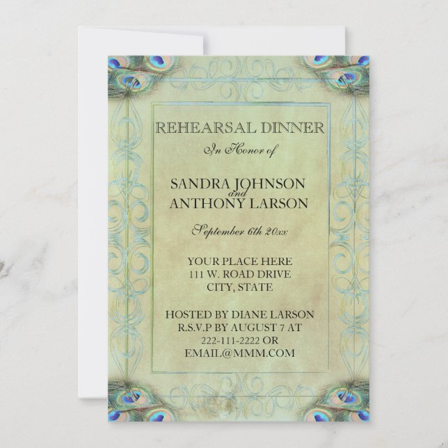 Invitación de ensayo de Boda de pavo real (Anverso)