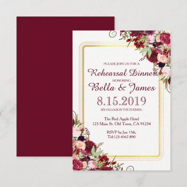 Invitación de ensayo de boda de rojo Marsala burgu (Anverso / Reverso)