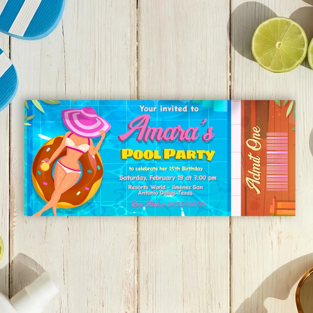 Invitación de Entrada a Fiesta en la Piscina (Pool Party Ticket Invitation)